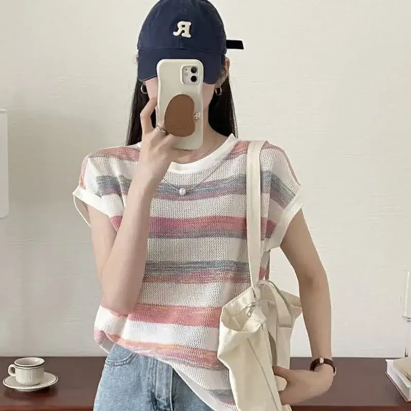 Thin Short Sleeve Knitted Ice Silk T-Shirt Women Summer Top Fashionable Solid Color Stripe Pattern Casual Flip Collar Design