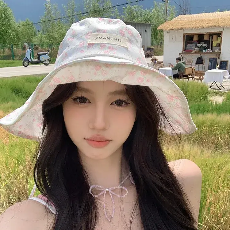 Women's Fishing Cap Wide Brim Thin Flower Holiday Sun Protection Hat Large Head Circumference Beach Sunshade Cap New Hot Sale Of