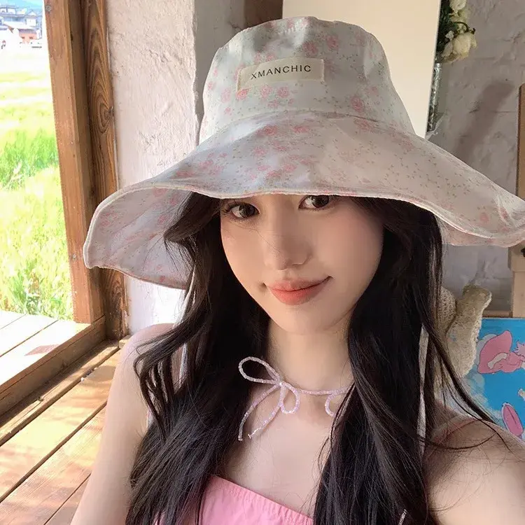 Women's Fishing Cap Wide Brim Thin Flower Holiday Sun Protection Hat Large Head Circumference Beach Sunshade Cap New Hot Sale Of