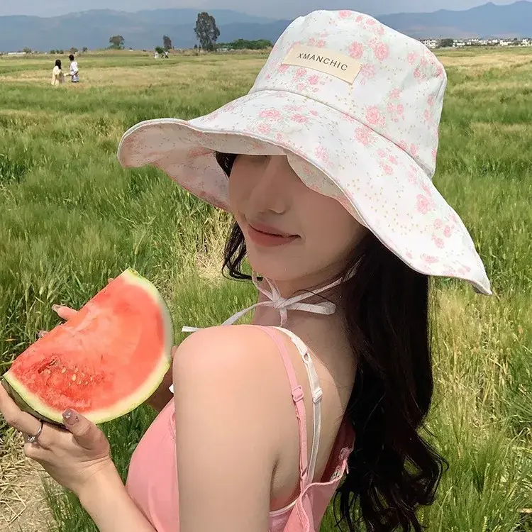 Women's Fishing Cap Wide Brim Thin Flower Holiday Sun Protection Hat Large Head Circumference Beach Sunshade Cap New Hot Sale Of