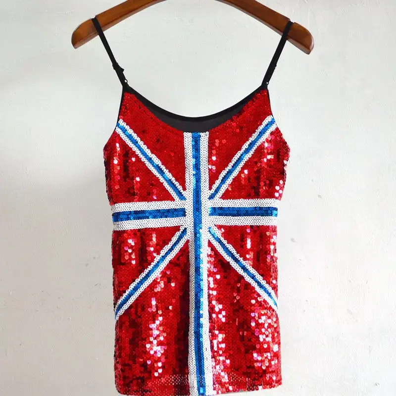 Fashionable Korean Style Slim Fit Sequin Vest Women's Base Shirt Flag Pattern Underwear Polyester Fiber Mixed Fabric