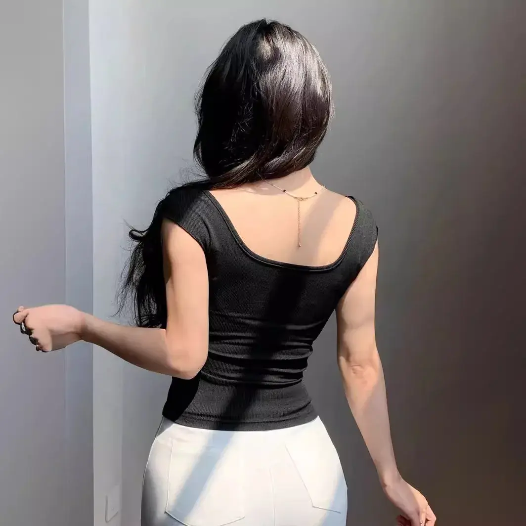 2024 Summer New Style Women's Cross-Border Slimming Top Sexy Solid Color Vest T-Shirt Sleeveless Bandage Decoration Polyester Fi