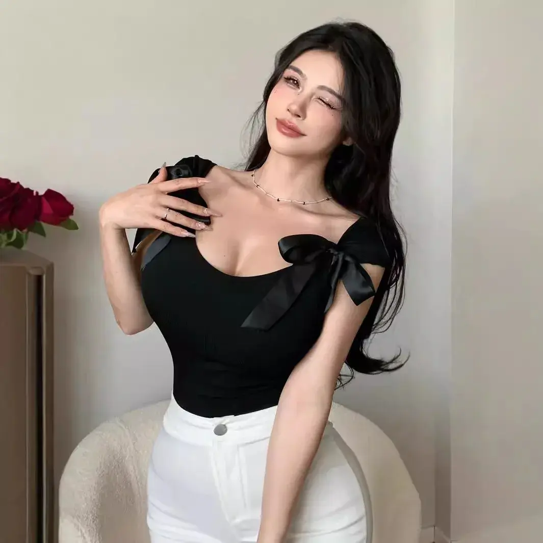 2024 Summer New Style Women's Cross-Border Slimming Top Sexy Solid Color Vest T-Shirt Sleeveless Bandage Decoration Polyester Fi