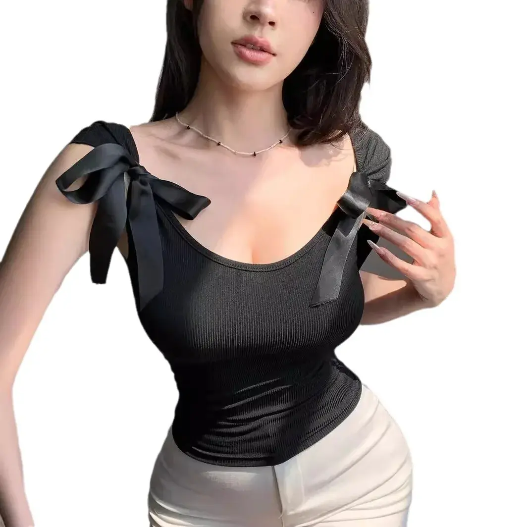 2024 Summer New Style Women's Cross-Border Slimming Top Sexy Solid Color Vest T-Shirt Sleeveless Bandage Decoration Polyester Fi