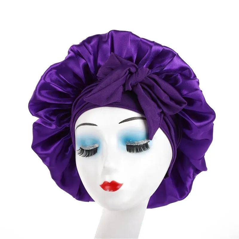 Amazon Best Adult High Elasticity Wide Edge Colorful Sleep Cap Bow Ribbon Round Cap Beauty Hair Protection Cap Motorcycle Helmet