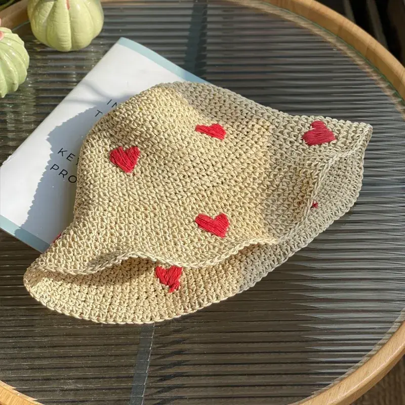 Handwoven Foldable Straw Hat Fisherman Style Large Brim Summer Beach Sunshade Hat Cute Heart Pattern Ideal for Vacation