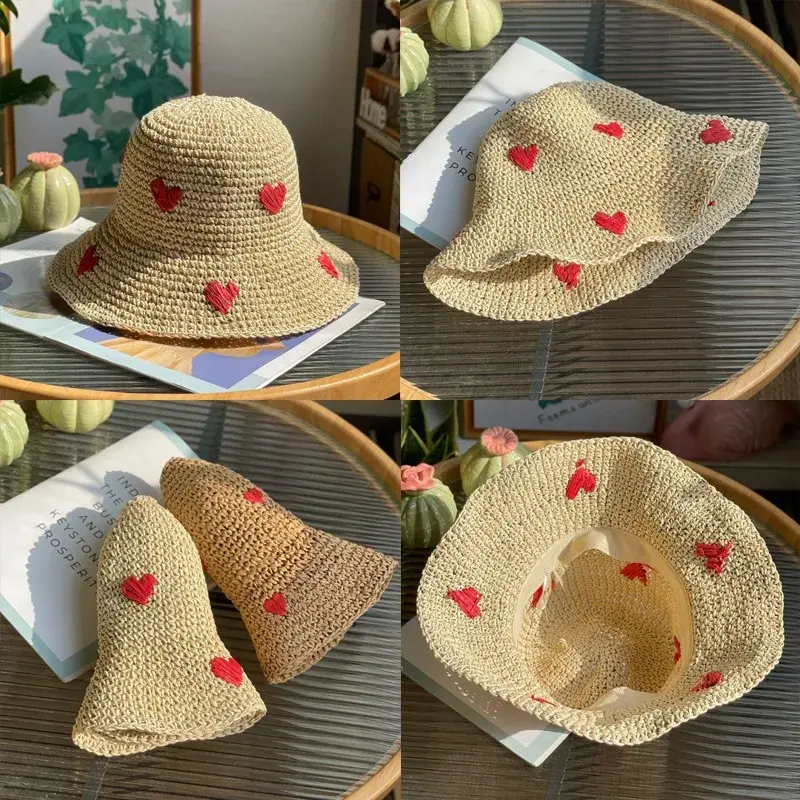 Handwoven Foldable Straw Hat Fisherman Style Large Brim Summer Beach Sunshade Hat Cute Heart Pattern Ideal for Vacation