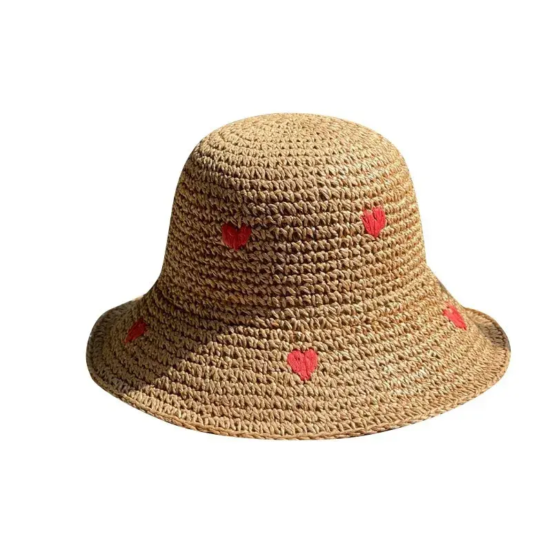Handwoven Foldable Straw Hat Fisherman Style Large Brim Summer Beach Sunshade Hat Cute Heart Pattern Ideal for Vacation