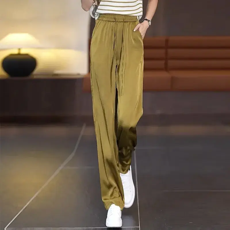 Women's Loose Pants Silk Satin Straight Leg Drapey Mom Style Casual High Waist Long Trousers Spring Summer plus Size