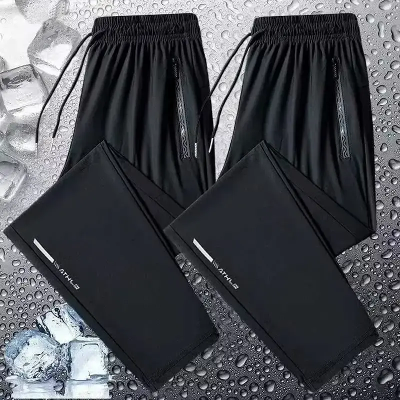 Men's Summer Thin Elastic Waist Loose-fit Casual Sports Trousers Ice Silk Long Pants Quick Dry Straight-leg Pants