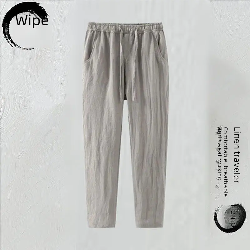 Men's Slim Fit Linen Cropped Pants Casual White Straight Leg Pants Loose Fit Summer Cotton Linen Mix For Middle Age Dads
