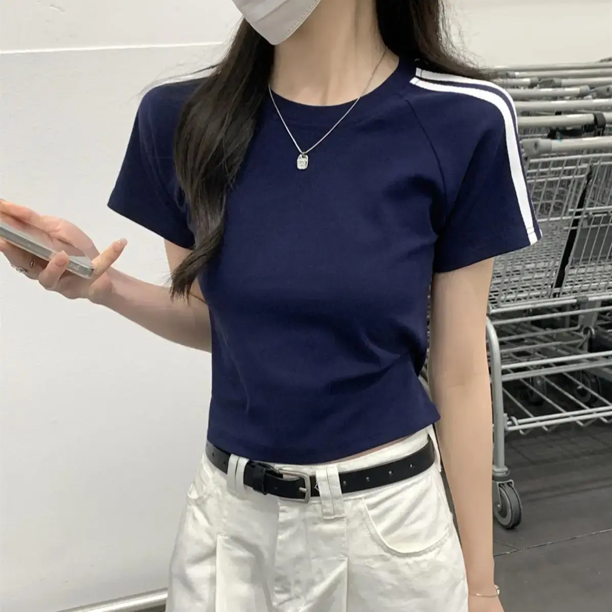 Slim Fit Short Sleeve T-Shirt Women's Summer Design Color Block Bar Stripe American Hot Girl Style Top Polyester Fiber Crew Neck