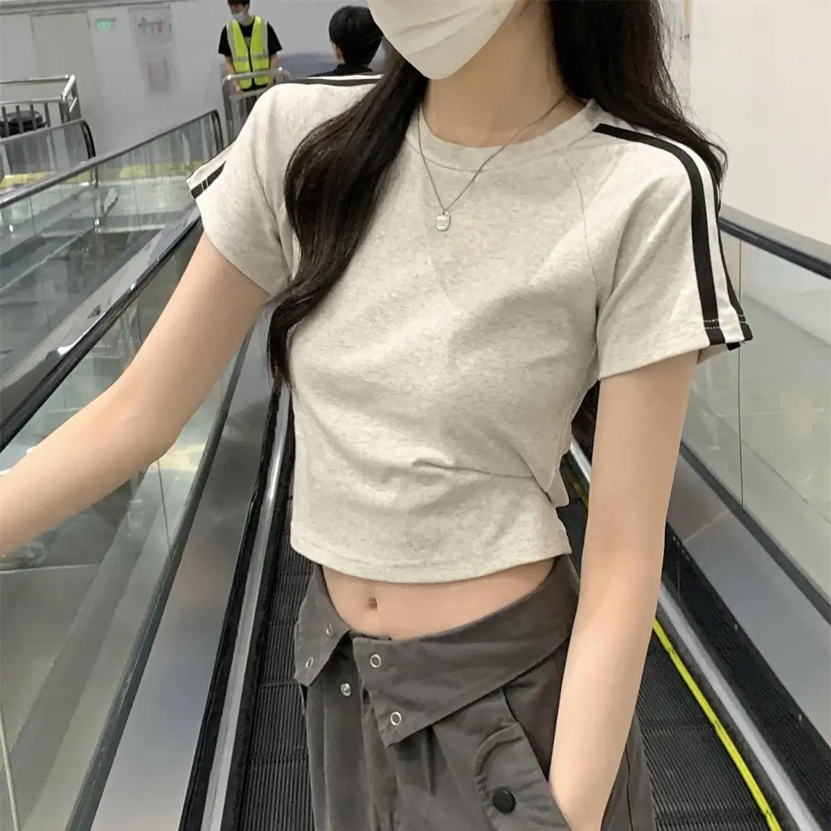 Slim Fit Short Sleeve T-Shirt Women's Summer Design Color Block Bar Stripe American Hot Girl Style Top Polyester Fiber Crew Neck
