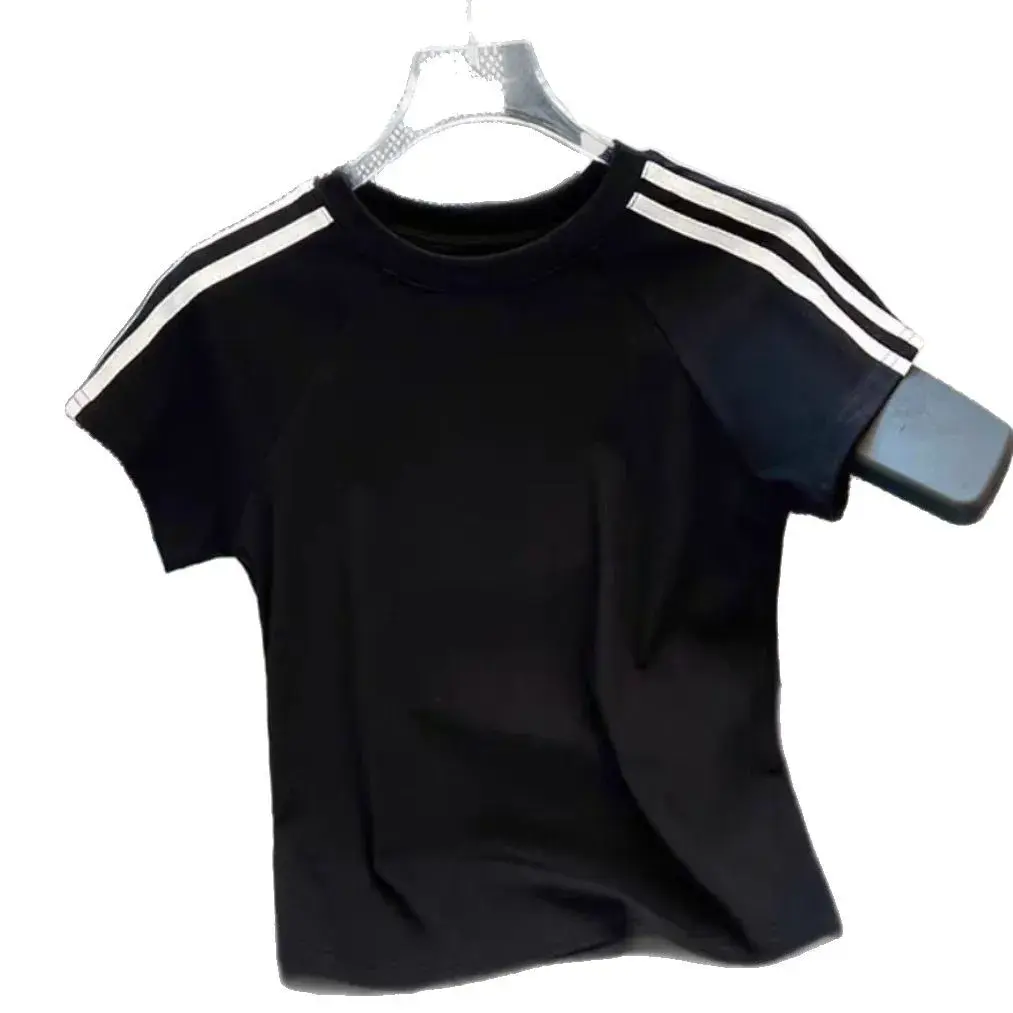 Slim Fit Short Sleeve T-Shirt Women's Summer Design Color Block Bar Stripe American Hot Girl Style Top Polyester Fiber Crew Neck
