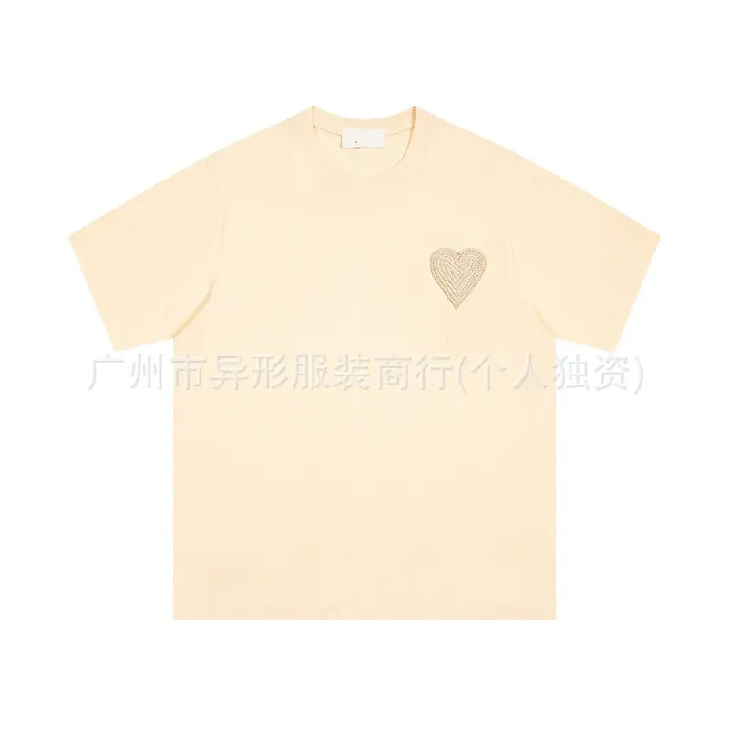 2025 New Trendy AM1 Hooked Stitch Short Sleeve T-Shirt Love Heart Embroidery Unisex Couple Simple Match Cotton Crew Neck Top