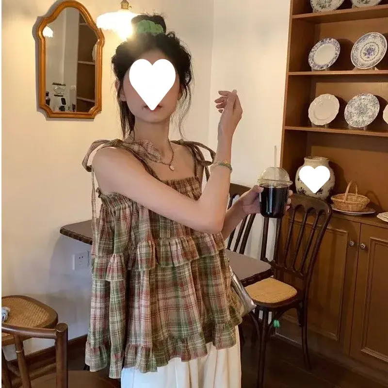 Sweet Girl's Vintage Plaid Doll Shirt Square Collar Vest Short Cool Strap Top Fresh Style Korean Fashion Women's Clothing