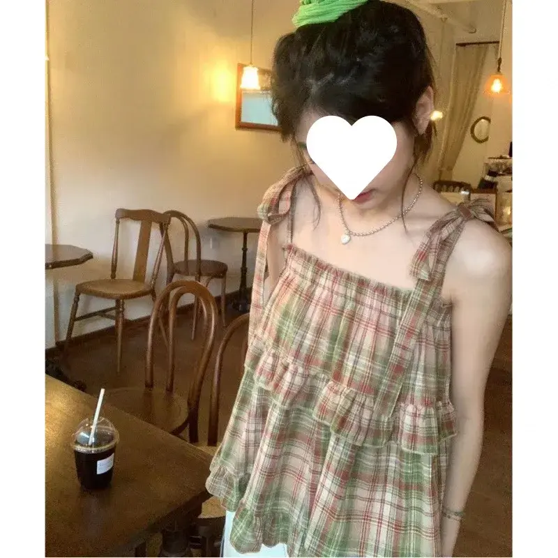 Sweet Girl's Vintage Plaid Doll Shirt Square Collar Vest Short Cool Strap Top Fresh Style Korean Fashion Women's Clothing