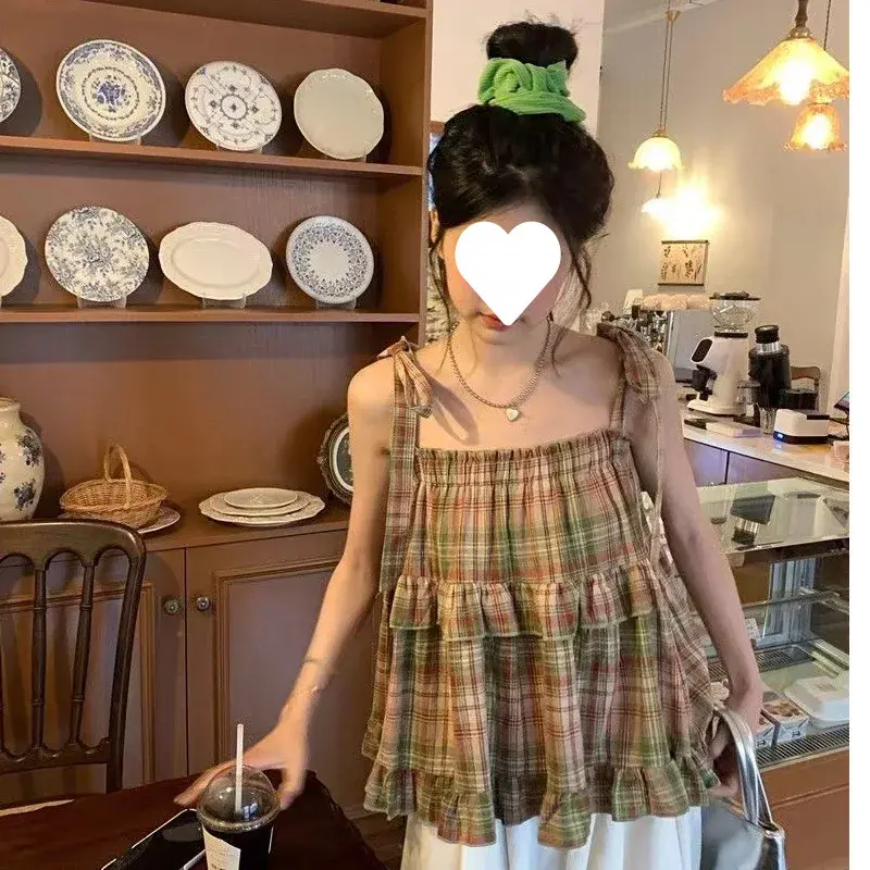 Sweet Girl's Vintage Plaid Doll Shirt Square Collar Vest Short Cool Strap Top Fresh Style Korean Fashion Women's Clothing