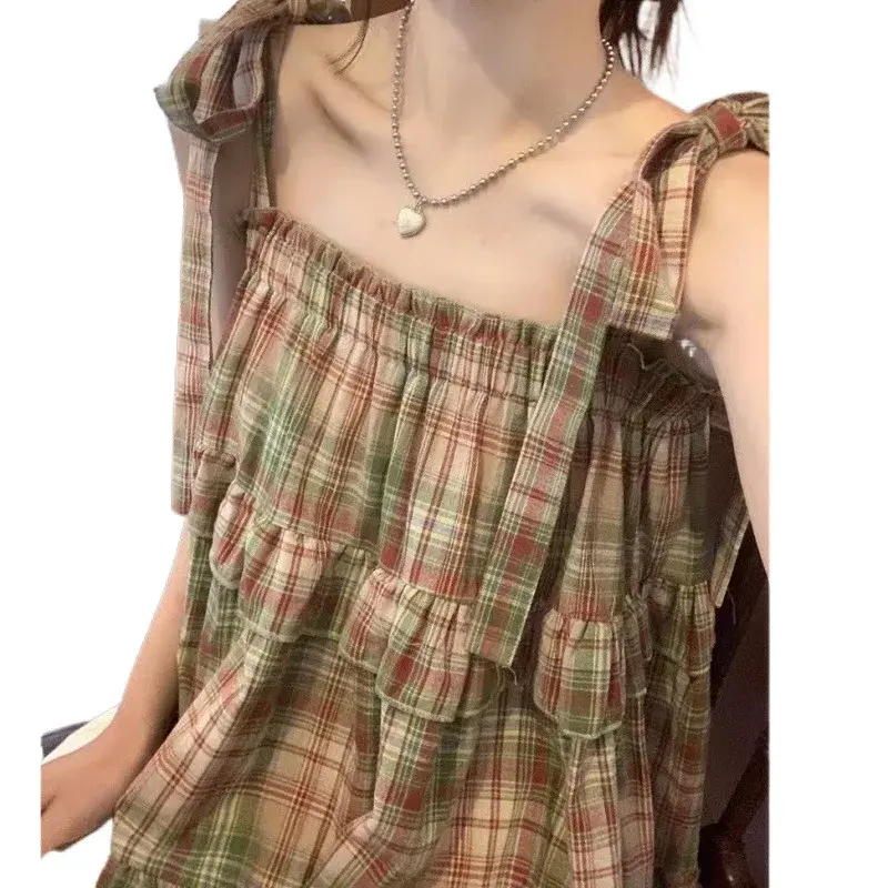 Sweet Girl's Vintage Plaid Doll Shirt Square Collar Vest Short Cool Strap Top Fresh Style Korean Fashion Women's Clothing