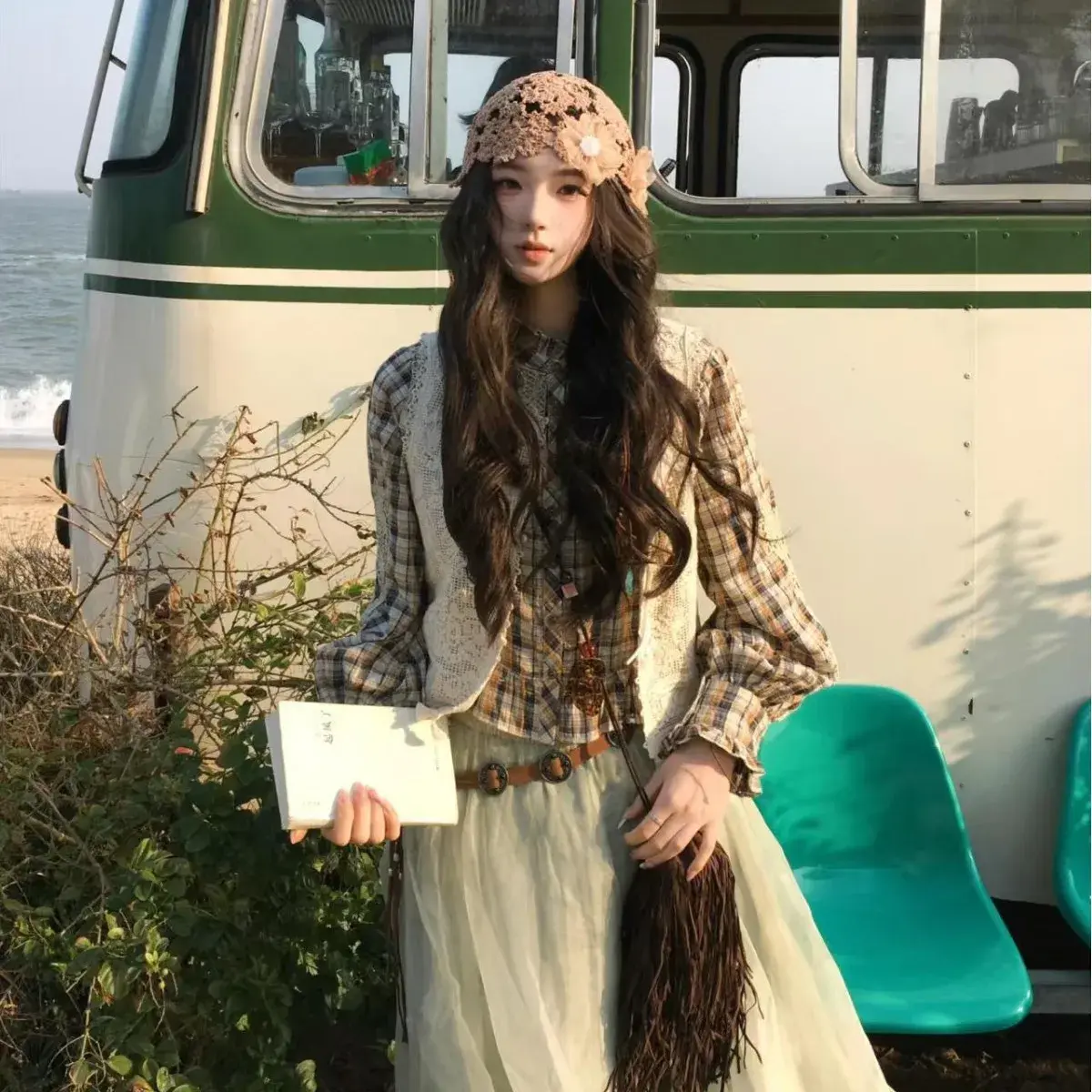 Handmade Knitted Pearl Flower Headband Hat Women Spring Hollow out Weaving Versatile Turtleneck Small Face Hook Flower Cap