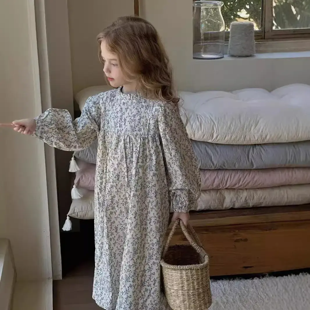 Girls Fleece Dress Long Sleeve Floral Print Baby Princess Skirt Korean Style Spring Autumn New Arrival Children's Casual Dress