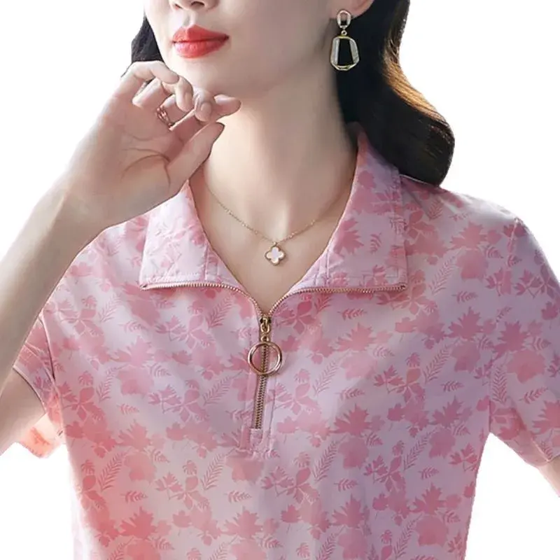 Slimming Effect Quick Dry Lightweight Short Sleeve Polo Shirt for Middle-Aged Women Casual Turn Collar Top Fashionable Summer We