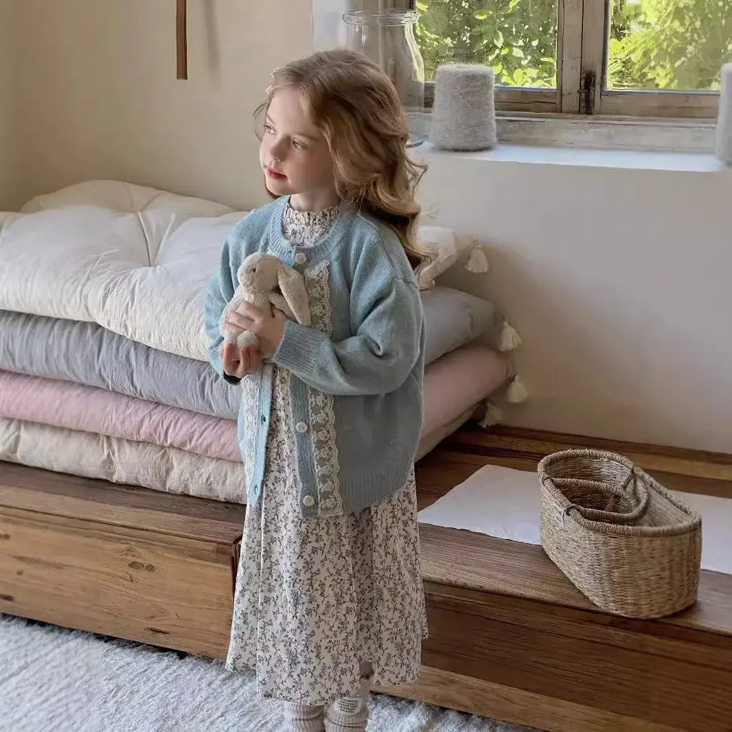 Girls Fleece Dress Long Sleeve Floral Print Baby Princess Skirt Korean Style Spring Autumn New Arrival Children's Casual Dress