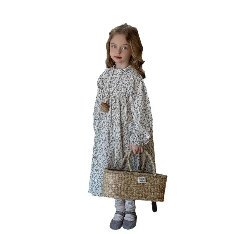 Girls Fleece Dress Long Sleeve Floral Print Baby Princess Skirt Korean Style Spring Autumn New Arrival Children's Casual Dress