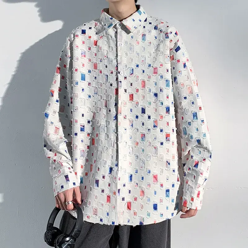 2024 Spring Summer New Men's Loose-Fit Checkered Long Sleeve Shirt High Street Casual Versatile Jacket C848