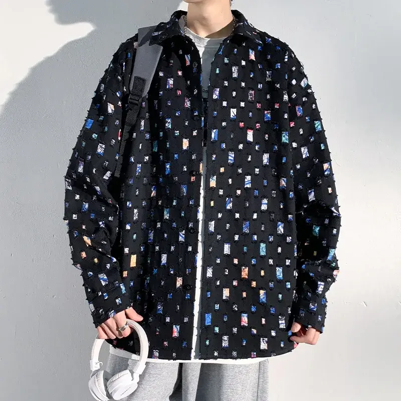 2024 Spring Summer New Men's Loose-Fit Checkered Long Sleeve Shirt High Street Casual Versatile Jacket C848