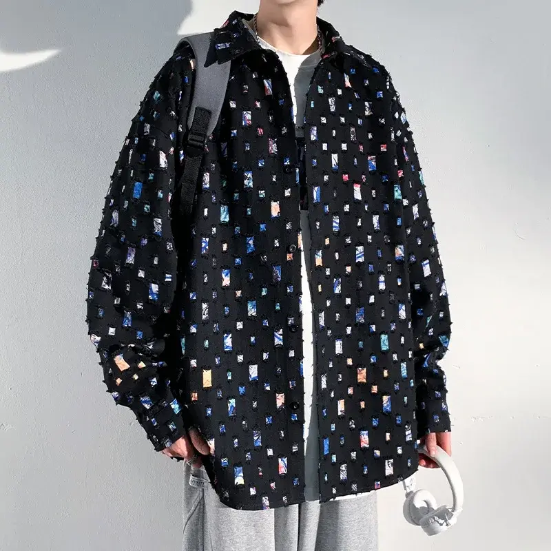 2024 Spring Summer New Men's Loose-Fit Checkered Long Sleeve Shirt High Street Casual Versatile Jacket C848