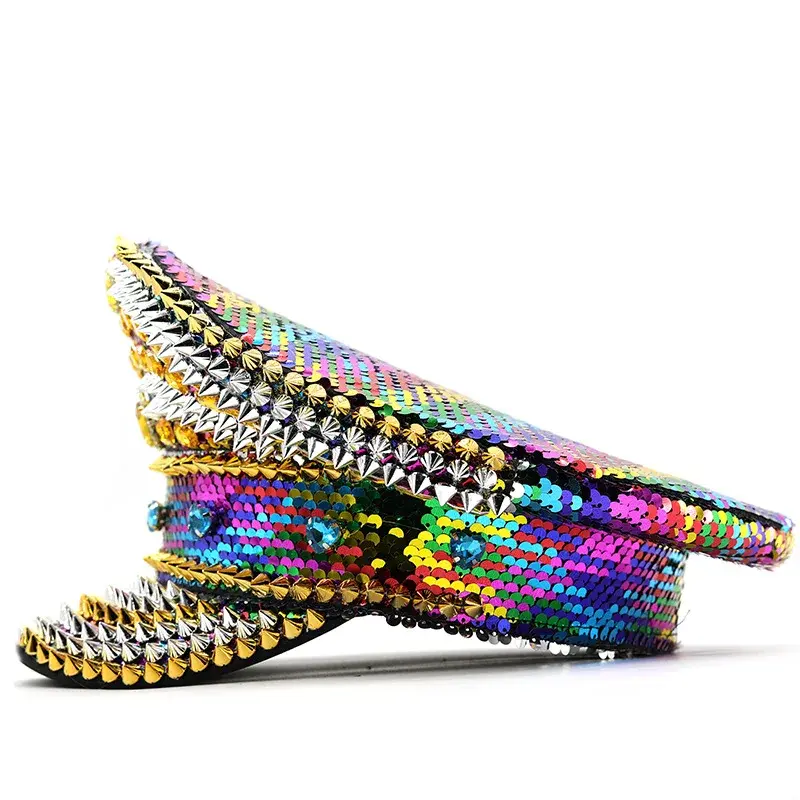 Colorful Rhinestone Sequin Navy Flat Top Hat Trendy Cross-Border Cap Glittering Rivet Embellished Stand-Out Hair Accessory