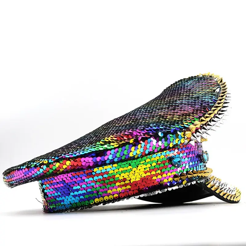 Colorful Rhinestone Sequin Navy Flat Top Hat Trendy Cross-Border Cap Glittering Rivet Embellished Stand-Out Hair Accessory