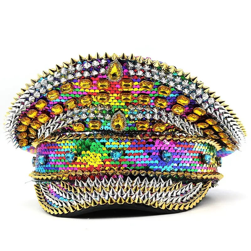 Colorful Rhinestone Sequin Navy Flat Top Hat Trendy Cross-Border Cap Glittering Rivet Embellished Stand-Out Hair Accessory