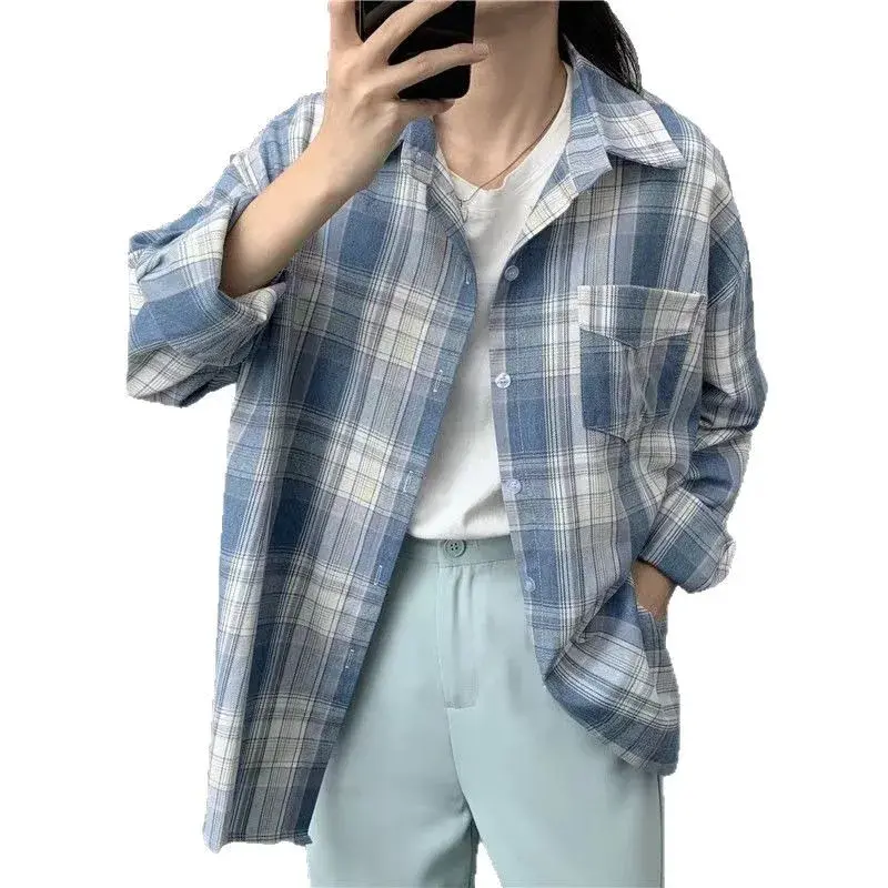 Korean Chic 2025 Spring Autumn Plaid Women's Casual Loose Fit Shirt Versatile Fashionable Design Polo Collar Full Sleeve