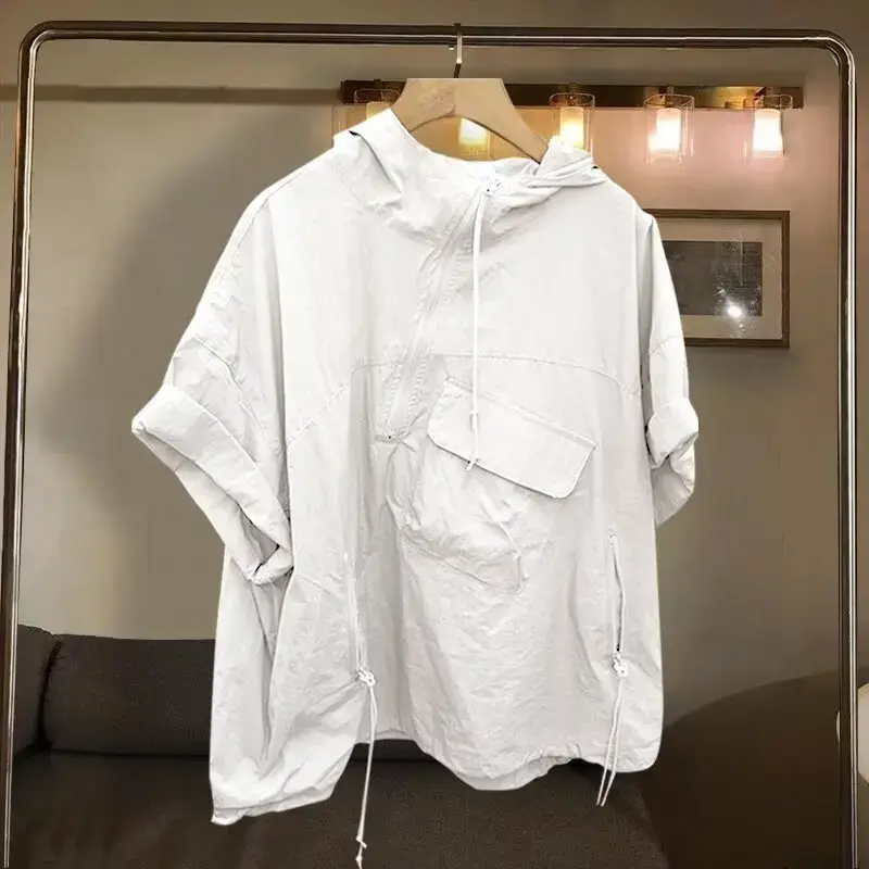 Zip-up Hooded Short Sleeve T-shirts For Men Summer Korean Trendy Style Loose-fit Half Sleeve Bodycon Tops Casual Wear