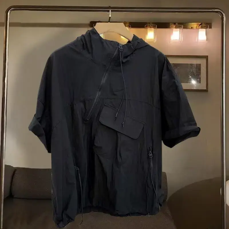 Zip-up Hooded Short Sleeve T-shirts For Men Summer Korean Trendy Style Loose-fit Half Sleeve Bodycon Tops Casual Wear