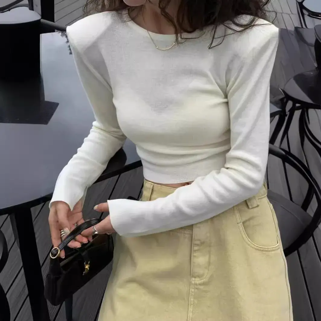 Korean 2024 Spring New Solid Color Cropped Padded Shoulder Round Neck Open-Back Long Sleeve Knitted Top For Women