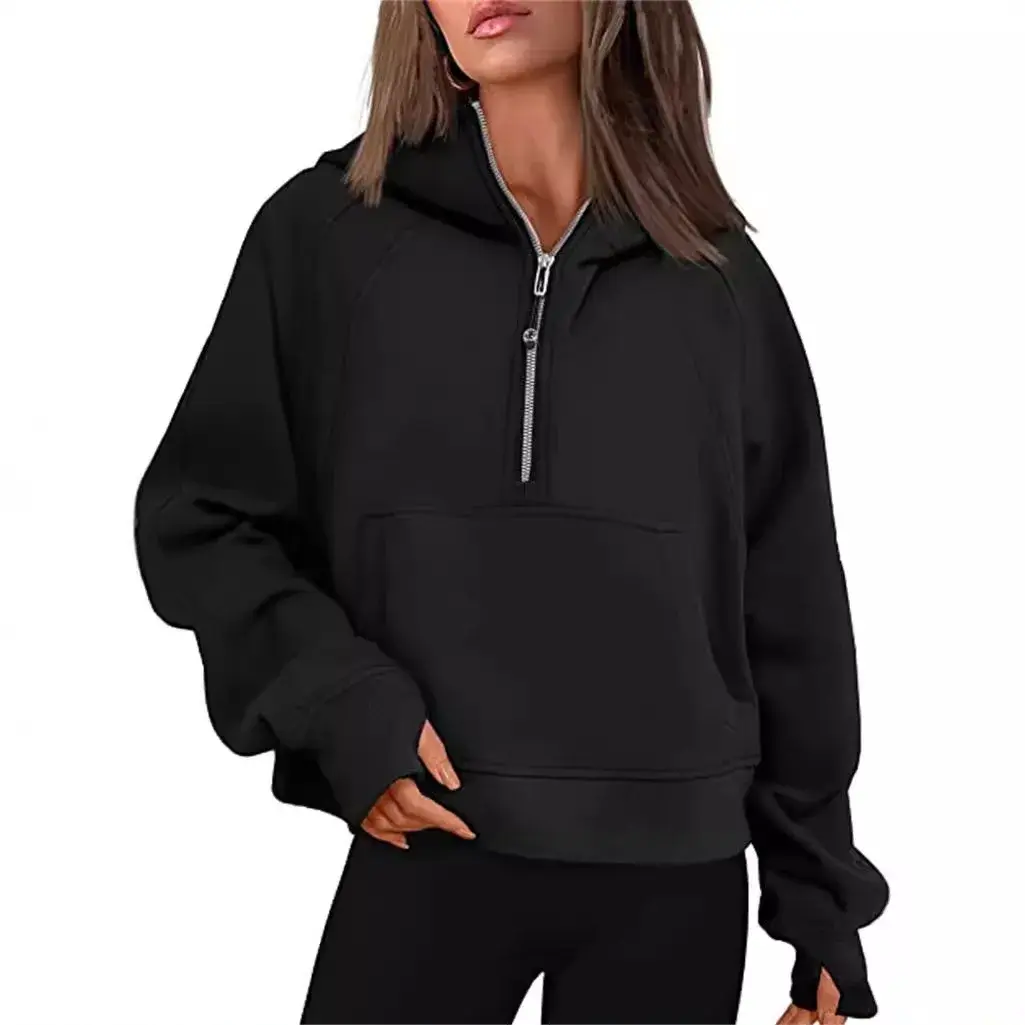 Autumn Winter Women's Yoga Suit Scuba Half-Zip Hooded Sweatshirt Loose Fit Cropped Fleece Lining Cap-Sleeve Thickened