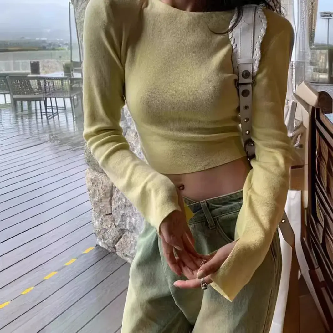 Korean 2024 Spring New Solid Color Cropped Padded Shoulder Round Neck Open-Back Long Sleeve Knitted Top For Women