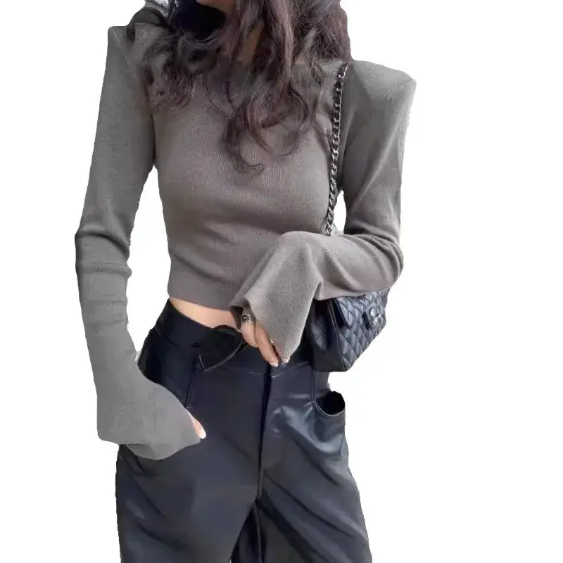 Korean 2024 Spring New Solid Color Cropped Padded Shoulder Round Neck Open-Back Long Sleeve Knitted Top For Women