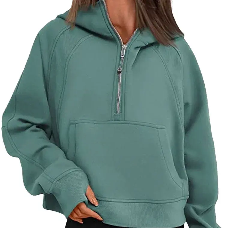 Autumn Winter Women's Yoga Suit Scuba Half-Zip Hooded Sweatshirt Loose Fit Cropped Fleece Lining Cap-Sleeve Thickened