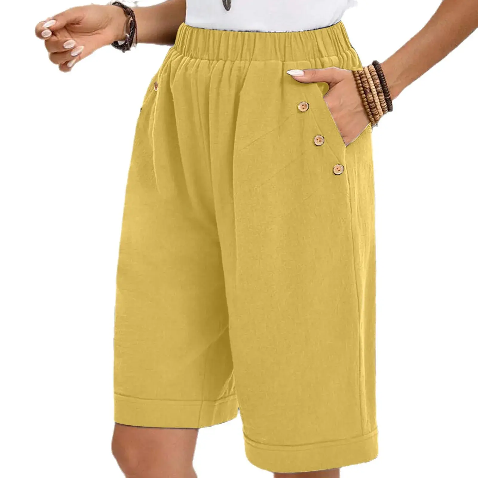 Loose Casual Cotton Linen Women's Mid-Calf Pants Elastic Waist Pure Color Comfortable Shorts Female Fashion Bottom Wear