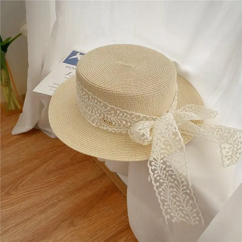 Rustic Fresh Style Sun Hat Women's Straw Weaving Outing Sun Caps UV Protection Lace Top Flat Cap Fashionable Versatile Hat