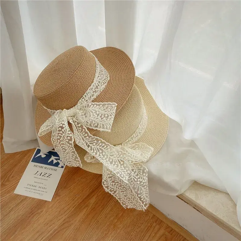Rustic Fresh Style Sun Hat Women's Straw Weaving Outing Sun Caps UV Protection Lace Top Flat Cap Fashionable Versatile Hat