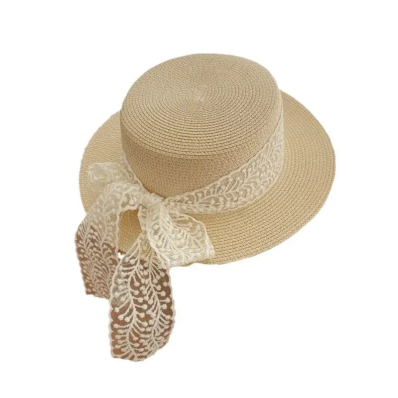 Rustic Fresh Style Sun Hat Women's Straw Weaving Outing Sun Caps UV Protection Lace Top Flat Cap Fashionable Versatile Hat