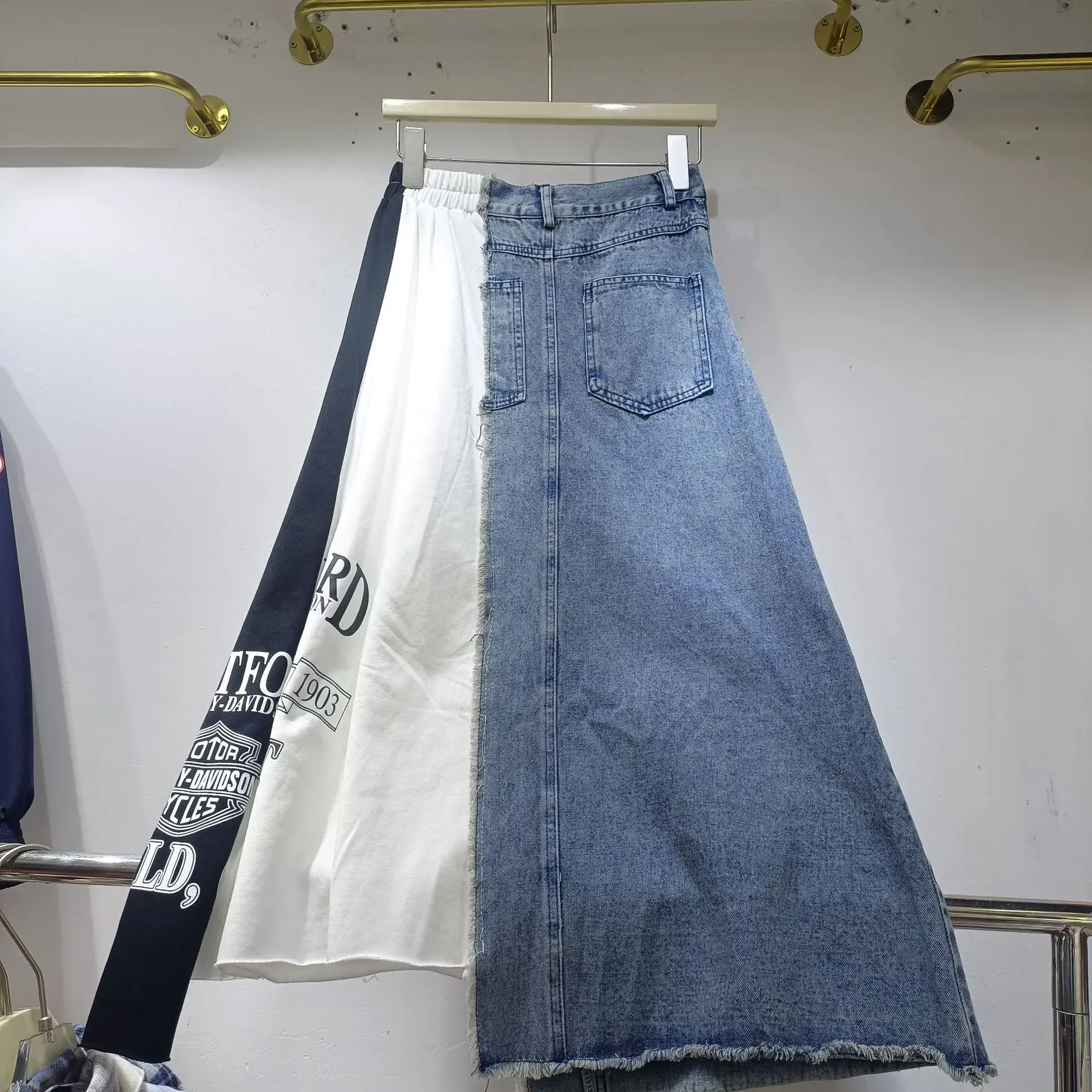 European Style Letter Printed Denim Skirt Women's Loose Fit Long Dress Elegant Age-Reducing Casual Half-Length Skirt
