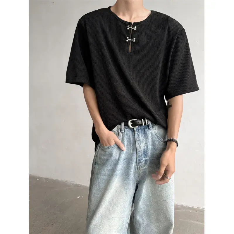 New Chinese Style Men's Short Sleeve T-Shirt Shoulder Pads High-End Sensation Summer Casual Crew Neck Top Quality Design