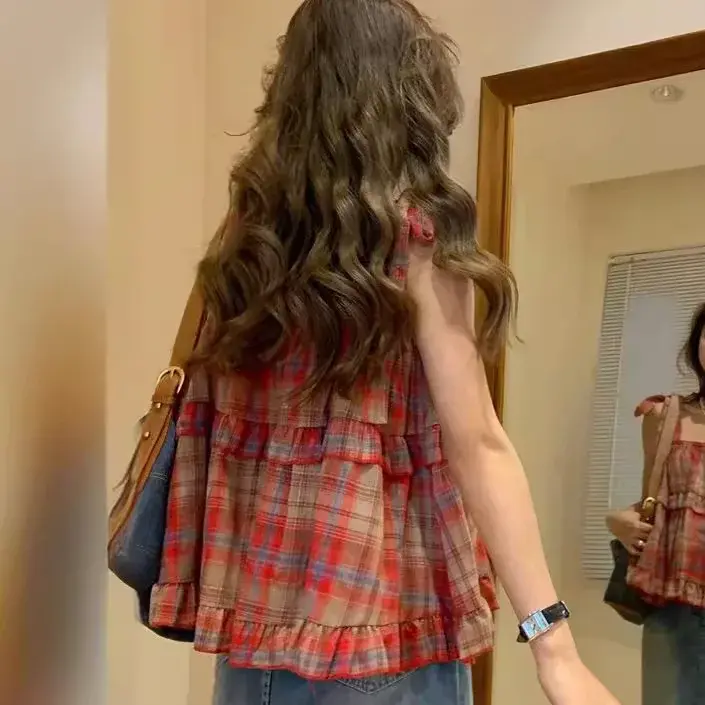 Contrast Color Retro Plaid Strap Vest Women's Summer Short Top Trendy Doll Shirt Design Sensation Elegant Polyester Blend