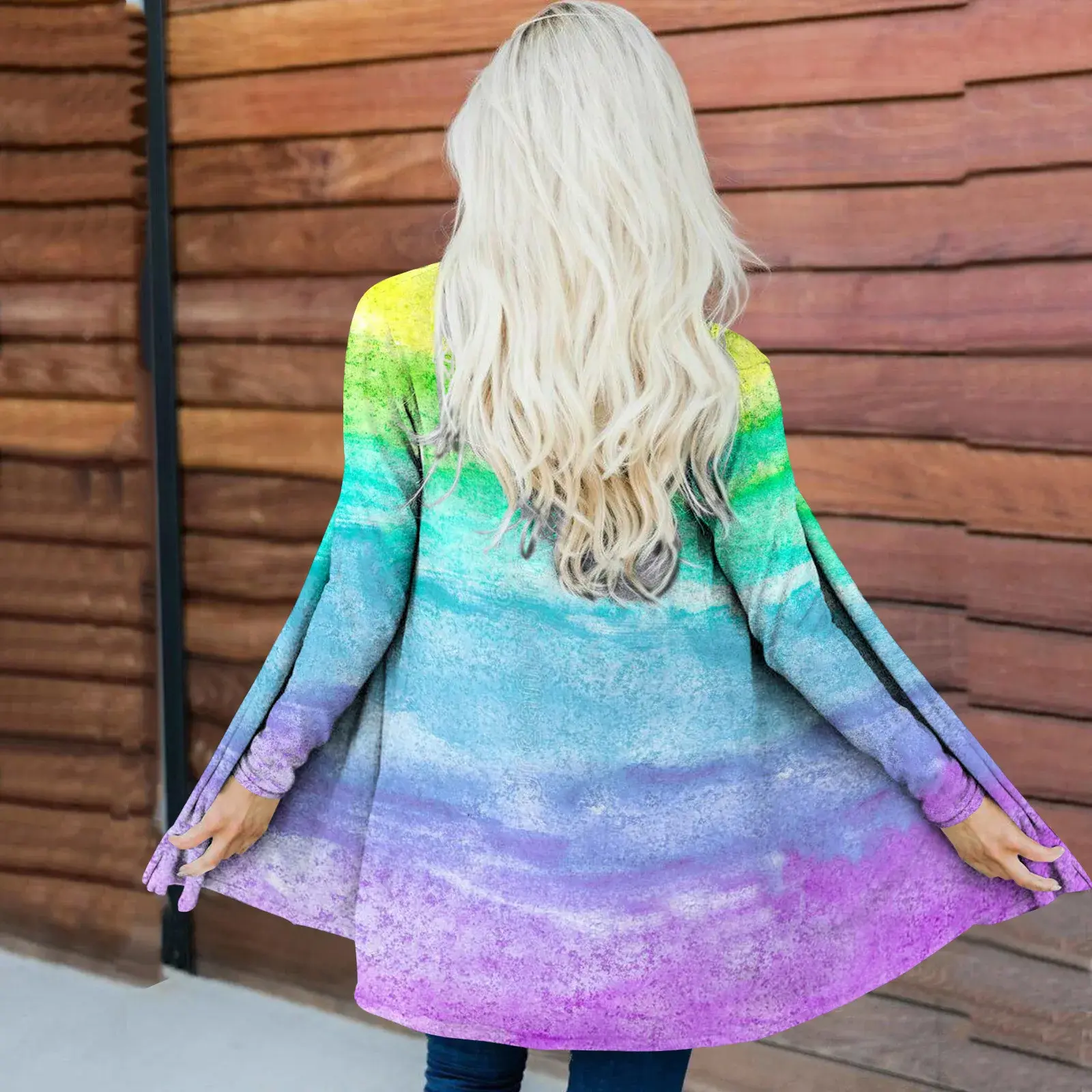 2024 Autumn New Elegant Colorful Tie-Dye Loose Fit Casual Style Knit Long Cardigan Jacket Women's Clothing Polyester Fabric V-Ne